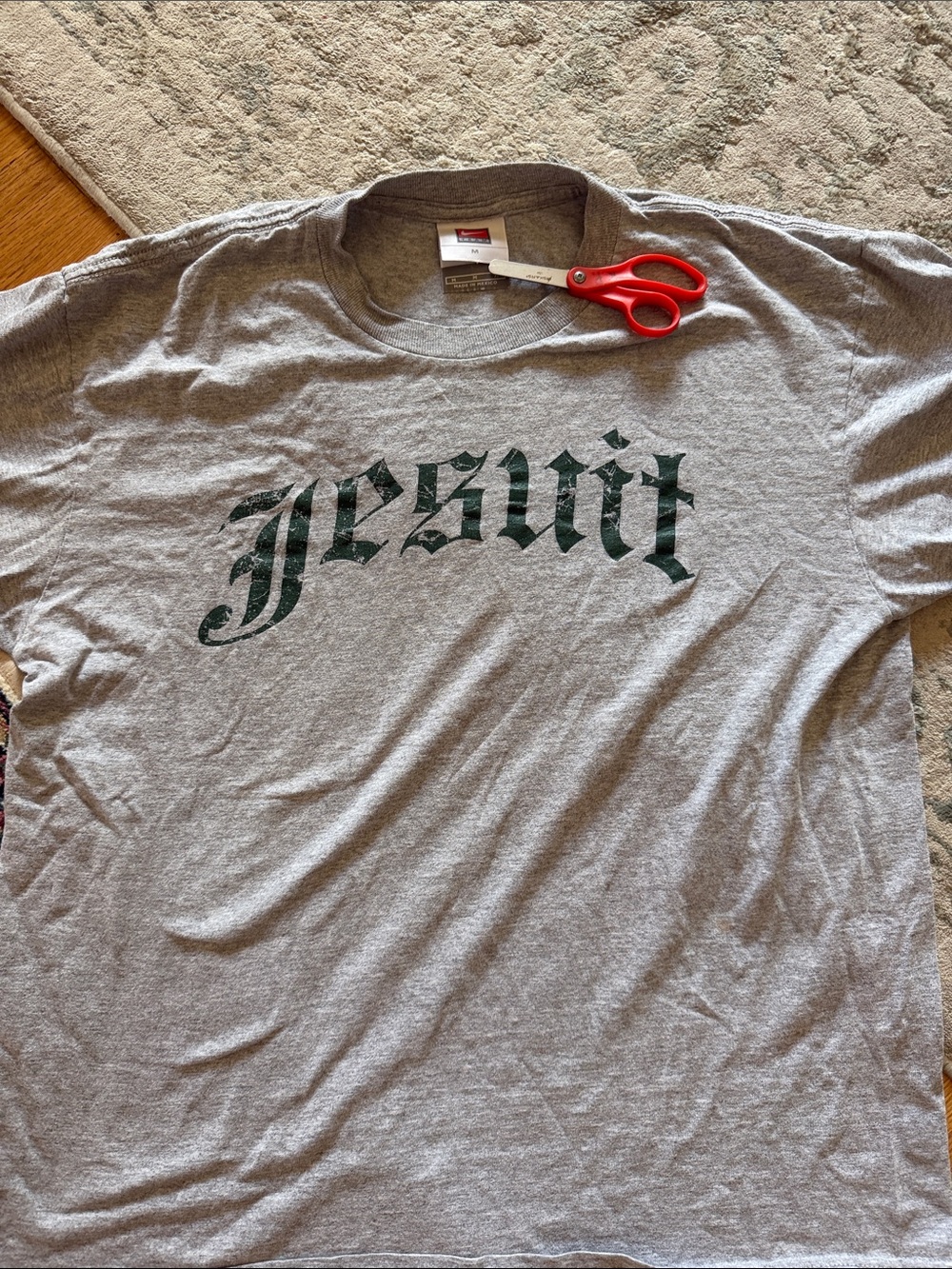 Nike Gray Short Sleeve Tee with Dark Green Gothic 'Jesuit' Print